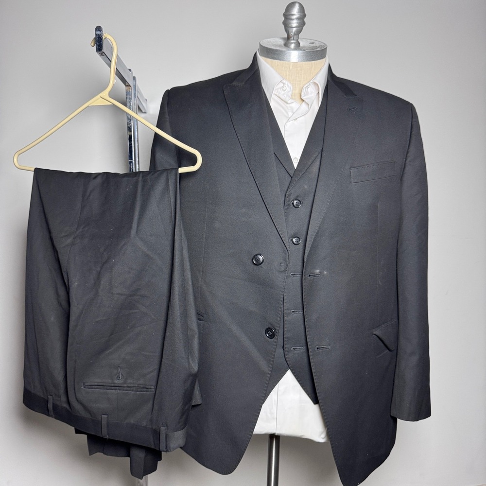 Sean John 3-Piece Suit Mens 46R 38W Black Solid Notched Lapel Modern Formal